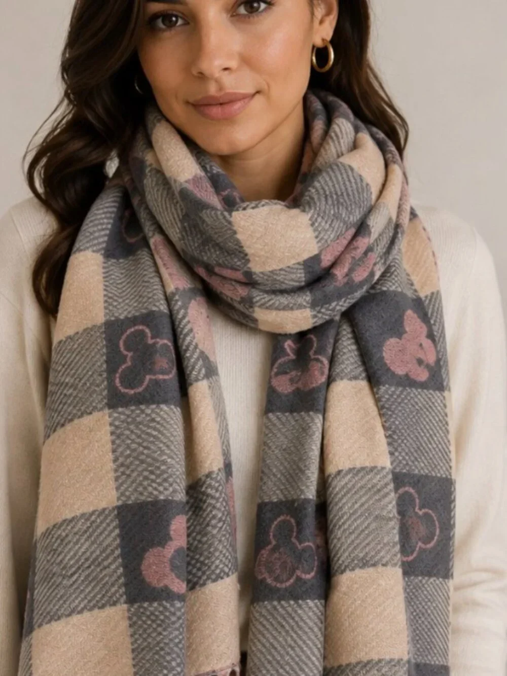 Disney Mickey Mouse Checkered Fringe Scarf Character Motif  Pink & Gray